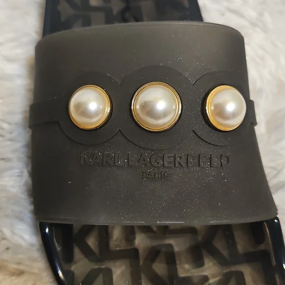 Karl Lagerfeld Paris Black Pearl Embellished Slides‎ Sandals Womens - Picture 10 of 10